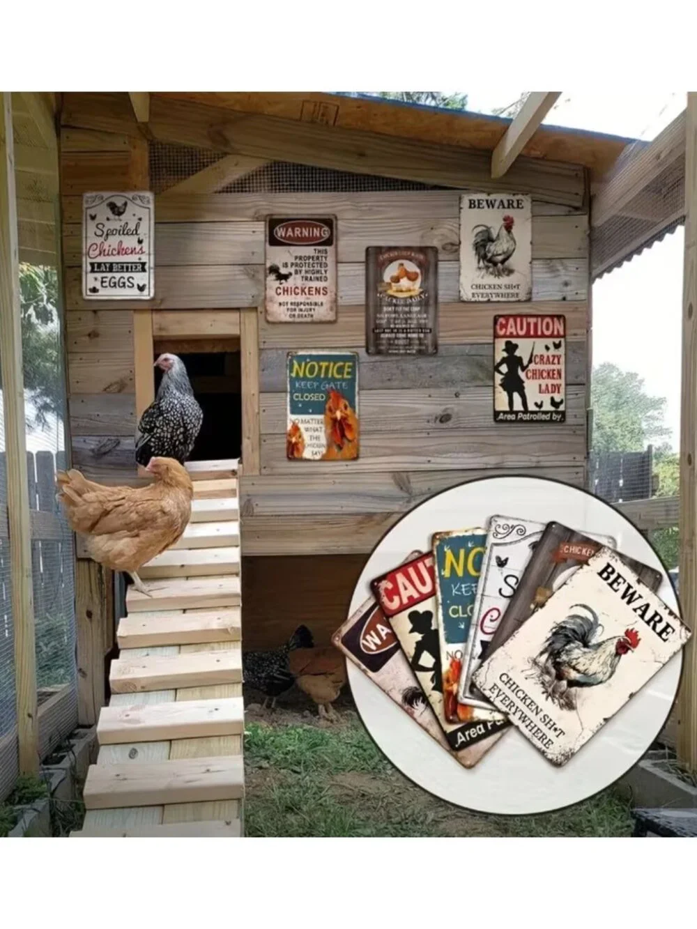 NWT 6 Pack Funny Chicken Coop Signs Vintage Metal Tin Farm Barn Wall Decor